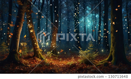 Magical nighttime forest with glowing lights and floating leaves. enchanted woodland, bioluminescent atmosphere and fantasy landscape 130711648