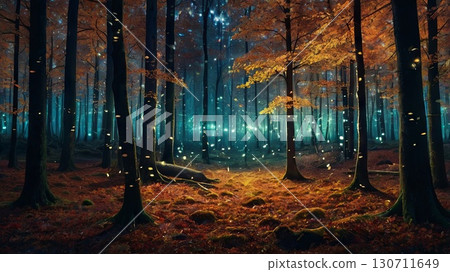 Magical nighttime forest with glowing lights and floating leaves. enchanted woodland, bioluminescent atmosphere and fantasy landscape 130711649