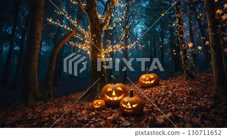Magical nighttime forest with glowing lights and floating leaves. enchanted woodland, bioluminescent atmosphere and fantasy landscape Magical nighttime forest with glowing lights and floating leaves. enchanted woodland, bioluminescent atmosphere and fantasy landscape 130711652