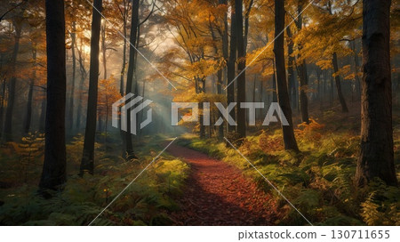 Magical nighttime forest with glowing lights and floating leaves. enchanted woodland, bioluminescent atmosphere and fantasy landscape 130711655