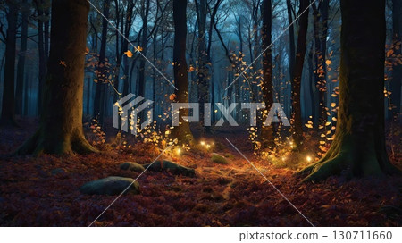 Magical nighttime forest with glowing lights and floating leaves. enchanted woodland, bioluminescent atmosphere and fantasy landscape 130711660