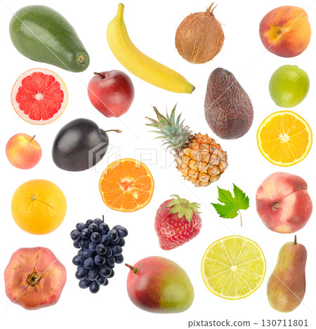 Healthy tasty ripe fruits and berries isolated on white 130711801