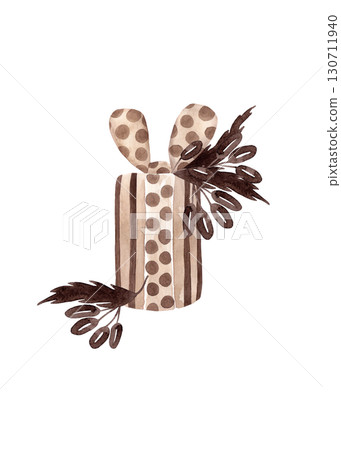 Gift striped box with a large polka dot bow. Beige and brown tones. Isolated watercolor illustration for Christmas for your design 130711940