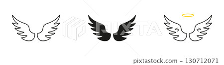 Heavenly Feathered Wings Line And Solid Icon Set. Symbolic Duo Of Wings With Halo Representing Ascension, Purity, And Sacred Guardianship. Symbol Collection. Isolated Vector Illustration 130712071