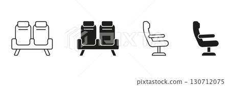Airplane Seat Icon Set. Airline Seating Arrangement And Passenger Comfort Outline And Silhouette Symbol Collection. Travel And Aviation Design Elements. Isolated Vector Illustration 130712075