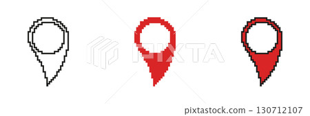Rounded Map Marker with Hollow Center Pixelated Icon Set. Pixel Art Symbol Collection of Destination Location Point. Isolated Vector Illustration 130712107