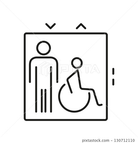 Elevator Accessibility Line Icon. Inclusive Design And Mobility Support Outline Symbol. Wheelchair And Standing Person In Lift. Editable Stroke. Isolated Vector Illustration Elevator Accessibility Line Icon. Inclusive Design And Mobility Support Outline Symbol. Wheelchair And Standing Person In Lift. Editable Stroke. Isolated Vector Illustration 130712110