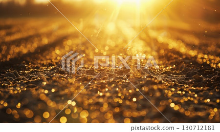 Golden sunbeams illuminating a frosty ground with shimmering bokeh lights, creating a magical winter scene. 130712181
