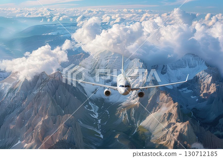 A passenger airplane soaring above majestic snow-capped mountains and clouds, with a clear sky ahead. 130712185