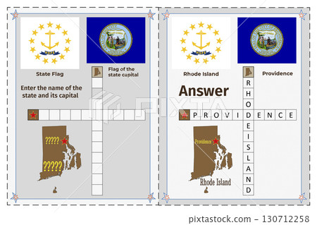 Geography of the USA for children. Question and answer. Flags, names, outline of the state and capital of Rhode Island. Crossword illustration. 130712258