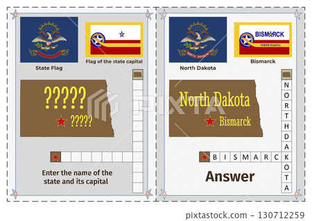Geography of the USA for children. Question and answer. Flags, names, outline of the state and capital of North Dakota. Crossword illustration. Geography of the USA for children. Question and answer. Flags, names, outline of the state and capital of North Dakota. Crossword illustration. 130712259