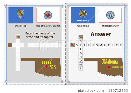 Geography of the USA for children. Question and answer. Flags, names, outline of the state and capital of Oklahoma. Crossword illustration. 130712263