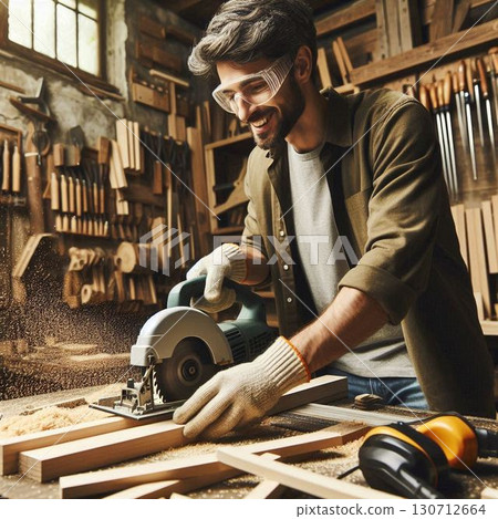 A craftsman having fun cutting wood 130712664