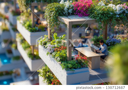 Urban rooftop garden fosters creativity and collaboration among individuals working with nature 130712687
