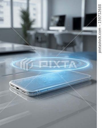 Transparent smartphone prototype showcased on a c bloom in a modern office environment highlighting innovative technology and design 130712688