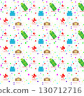 Gift background with houses, Christmas trees, gift boxes with bows, hearts. 130712716
