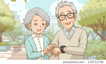 健康促進宣傳海報插圖：一對老年夫婦穿著運動服邊走邊查看他們的智慧手錶 130712796