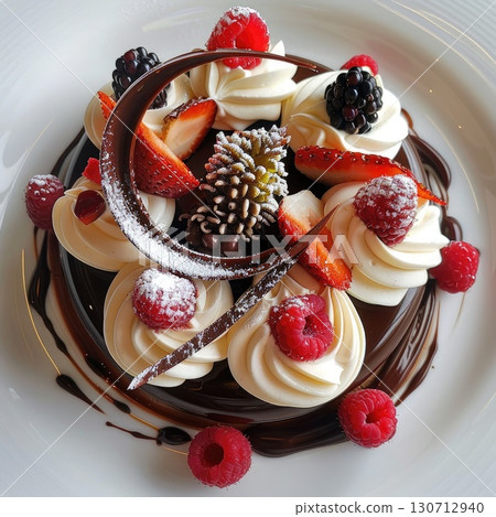 A beautifully arranged dessert features layers of whipped cream, rich chocolate sauce, and an assortment of fresh berries. The intricate presentation highlights the skill of the pastry chef. 130712940
