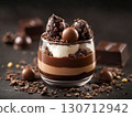 This dessert art showcases a beautifully layered treat with rich chocolate, fluffy whipped cream, and decorative chocolate pieces, served in an elegant glass. It's perfect for any sweet occasion. 130712942