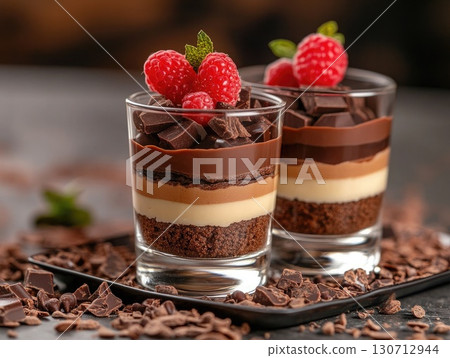 Two elegant dessert glasses display a beautiful arrangement of layered chocolates, featuring rich textures and vibrant raspberries. Perfect for any special occasion or celebration. 130712944