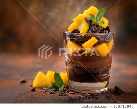 A stunning dessert creation showcases creamy chocolate layered with chunks of ripe mango. Garnished with fresh mint, this treat offers a refreshing and indulgent experience. A stunning dessert creation showcases creamy chocolate layered with chunks of ripe mango. Garnished with fresh mint, this treat offers a refreshing and indulgent experience. 130712945