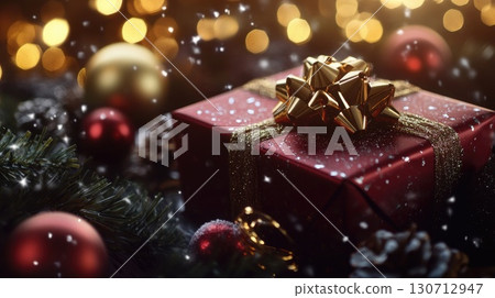 Wrapped gift box placed among festive ornaments, displaying a shiny bow, with soft snowfall and warm lights creating a cozy holiday atmosphere in the background. 130712947