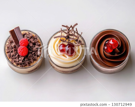 Three beautifully crafted chocolate desserts showcase layers of rich flavors. Each dessert features unique toppings like raspberries, chocolate curls, and cherries, inviting a sweet experience. Three beautifully crafted chocolate desserts showcase layers of rich flavors. Each dessert features unique toppings like raspberries, chocolate curls, and cherries, inviting a sweet experience. 130712949