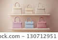 A collection of six stylish handbags in various colors is neatly arranged on a light-colored shelf. 130712951