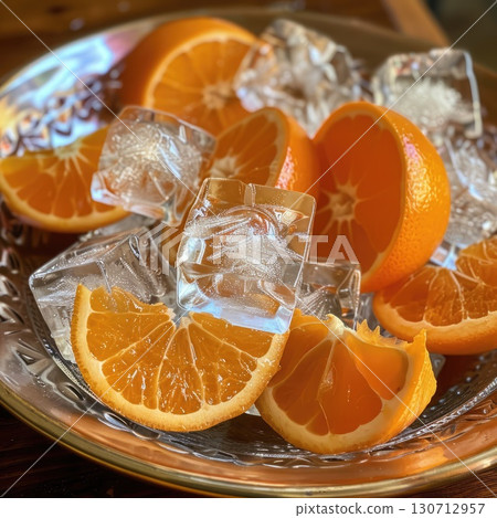Refreshing slices of orange are artfully arranged with clear ice cubes on a decorative metallic plate, perfect for a warm summer day. The vibrant colors enhance the presentation. Refreshing slices of orange are artfully arranged with clear ice cubes on a decorative metallic plate, perfect for a warm summer day. The vibrant colors enhance the presentation. 130712957