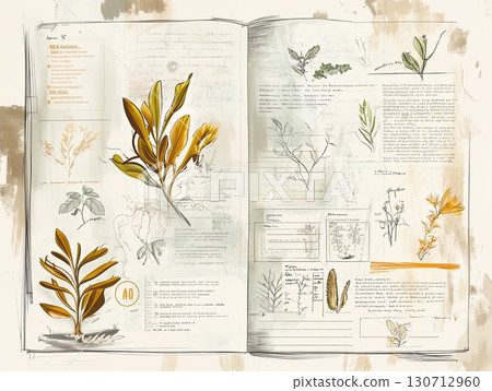 A detailed infographic showcases various botanical illustrations and notes about plants in an old-style layout, highlighting their characteristics and uses in an artistic presentation. A detailed infographic showcases various botanical illustrations and notes about plants in an old-style layout, highlighting their characteristics and uses in an artistic presentation. 130712960