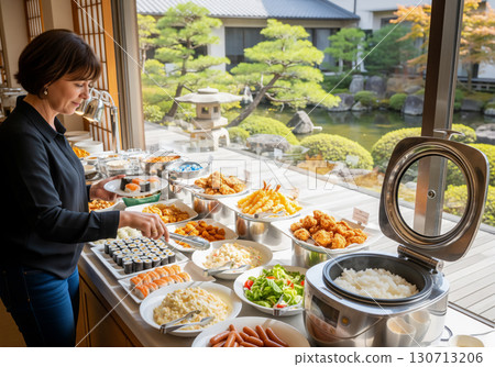 Breakfast buffet at a hotel with a garden view 130713206