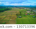 Aerial view of rice plantations and a hill village from a drone. Rice terraces on the island of Bali. 130713396