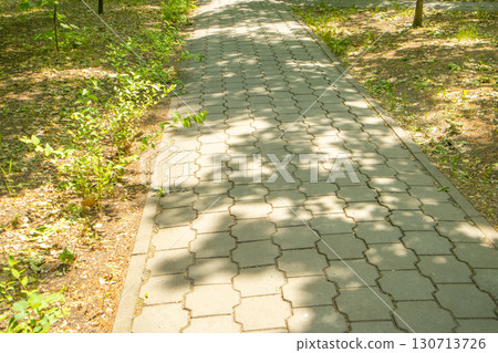 Paving slabs with sun-dappled shadows and greenery at the edge, horizontal frame Paving slabs with sun-dappled shadows and greenery at the edge, horizontal frame 130713726