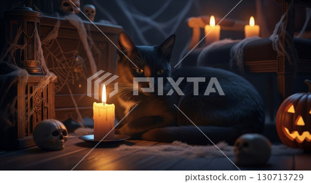 Black Cat Halloween Still Life with Candles Skulls and Cobwebs on Dark Wood Floor 130713729
