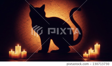 Dramatic Shadow of Black Cat Silhouette Against Textured Wall Lit by Warm Candles 130713730