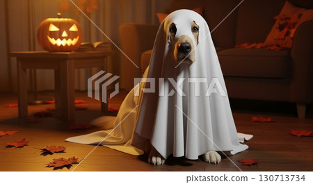 Dog Dressed As Ghost With Halloween Pumpkin and Autumn Leaves in Living Room Dog Dressed As Ghost With Halloween Pumpkin and Autumn Leaves in Living Room 130713734