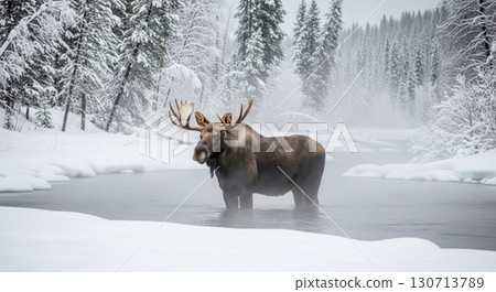 Moose Standing in River During Winter with Snowy Forest Background 130713789