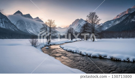 Mountain River Flowing Through Snowy Landscape with Moody Sky and Trees 130713800