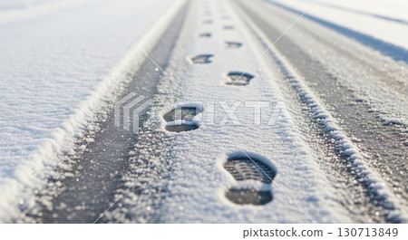 Footprints on Snowy Road Surface after Snowfall in Winter Day Footprints on Snowy Road Surface after Snowfall in Winter Day 130713849
