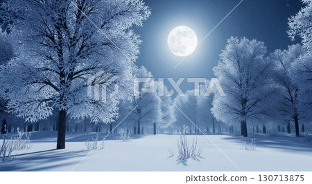 Snow Covered Trees in Winter Landscape Under Bright Moon at Night 130713875