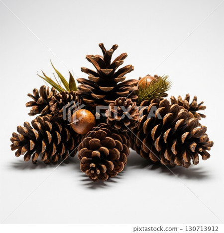 Pile of Brown Pinecones with Ornamental Balls and Greenery on White Backdrop 130713912