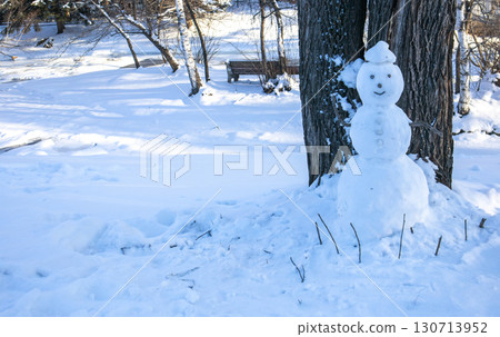 Snowman by tree in winter park, playful seasonal mood with copy space Snowman by tree in winter park, playful seasonal mood with copy space 130713952