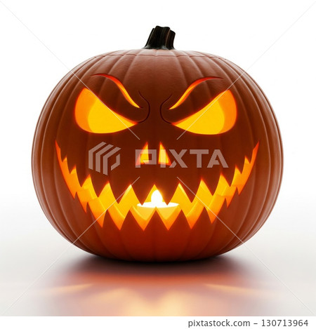 Glowing Carved Halloween Pumpkin on White Background for Festive Celebration 130713964