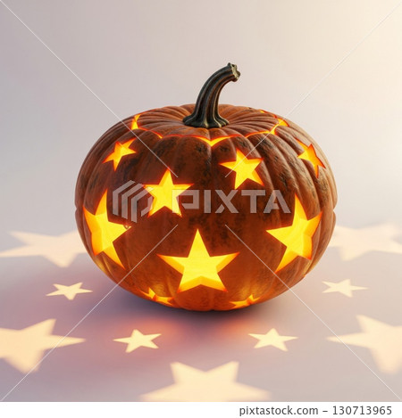 Carved Brown Pumpkin Glowing with Star Pattern on Light Background 130713965