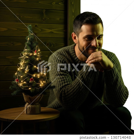 Man in Gray Sweater Smiles beside Miniature Christmas Tree against Wooden Wall 130714048