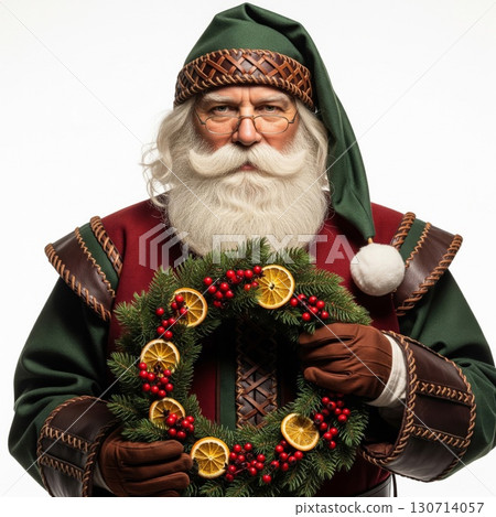 Santa Claus Portrait Holding Green Wreath with Oranges against White Background 130714057