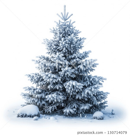 Snow Covered Evergreen Tree on White Background for Christmas Holiday 130714079