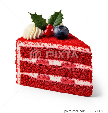 Festive Red Velvet Cake Slice with White Frosting and Holly on White Background 130714110