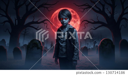 Pixelated Boy with Glowing Red Eyes Standing in Cemetery at Night with Red Moon Pixelated Boy with Glowing Red Eyes Standing in Cemetery at Night with Red Moon 130714186