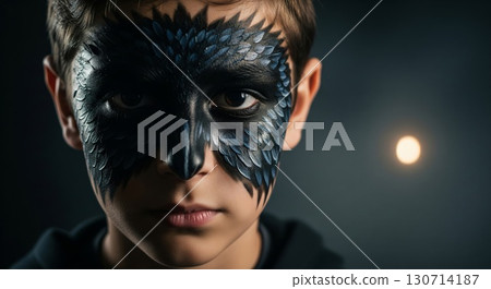 Boy Wearing Dramatic Bird Inspired Face Paint Under Dim Lighting In Dark Background 130714187